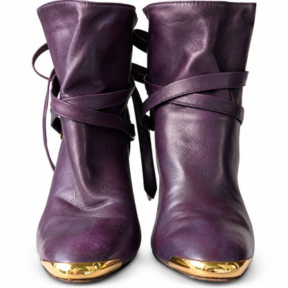 Vintage Purple Genuine Leather Slouch Ankle Boots Gold Toe Cap Wrap Tie EU 40