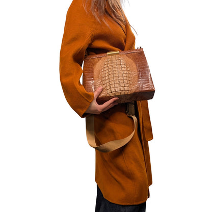 Vintage 100% Genuine Crocodile Skin Handbag Brown Suede Lined Gold Frame Shoulder Strap Mirror