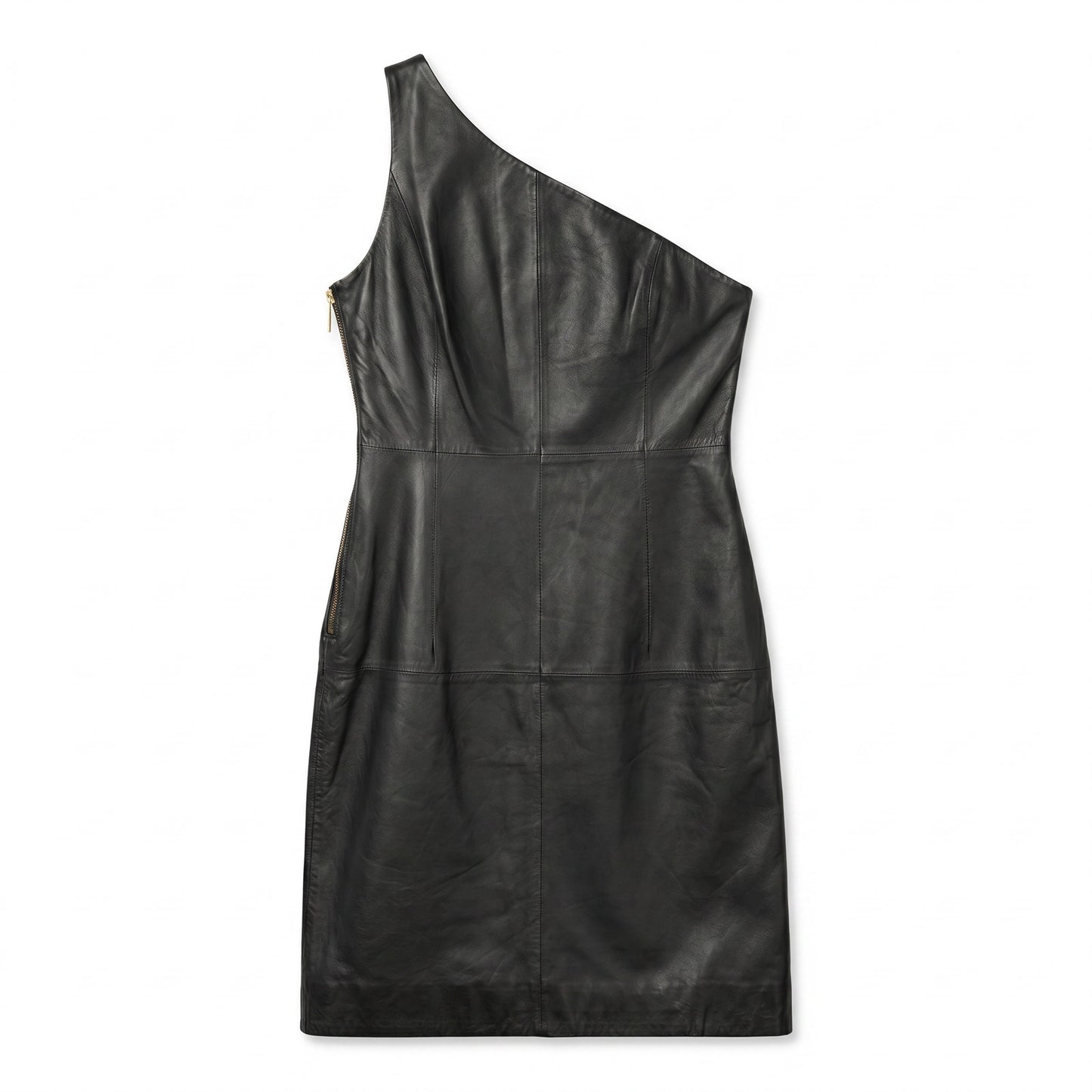 100% Genuine Leather Michael Kors Black One-Shoulder Black Mini Dress