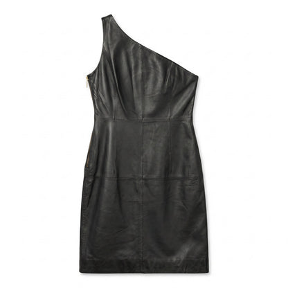 100% Genuine Leather Michael Kors Black One-Shoulder Black Mini Dress
