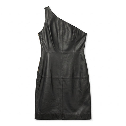 100% Genuine Leather Black One-Shoulder Mini Dress Michael Kors | 8