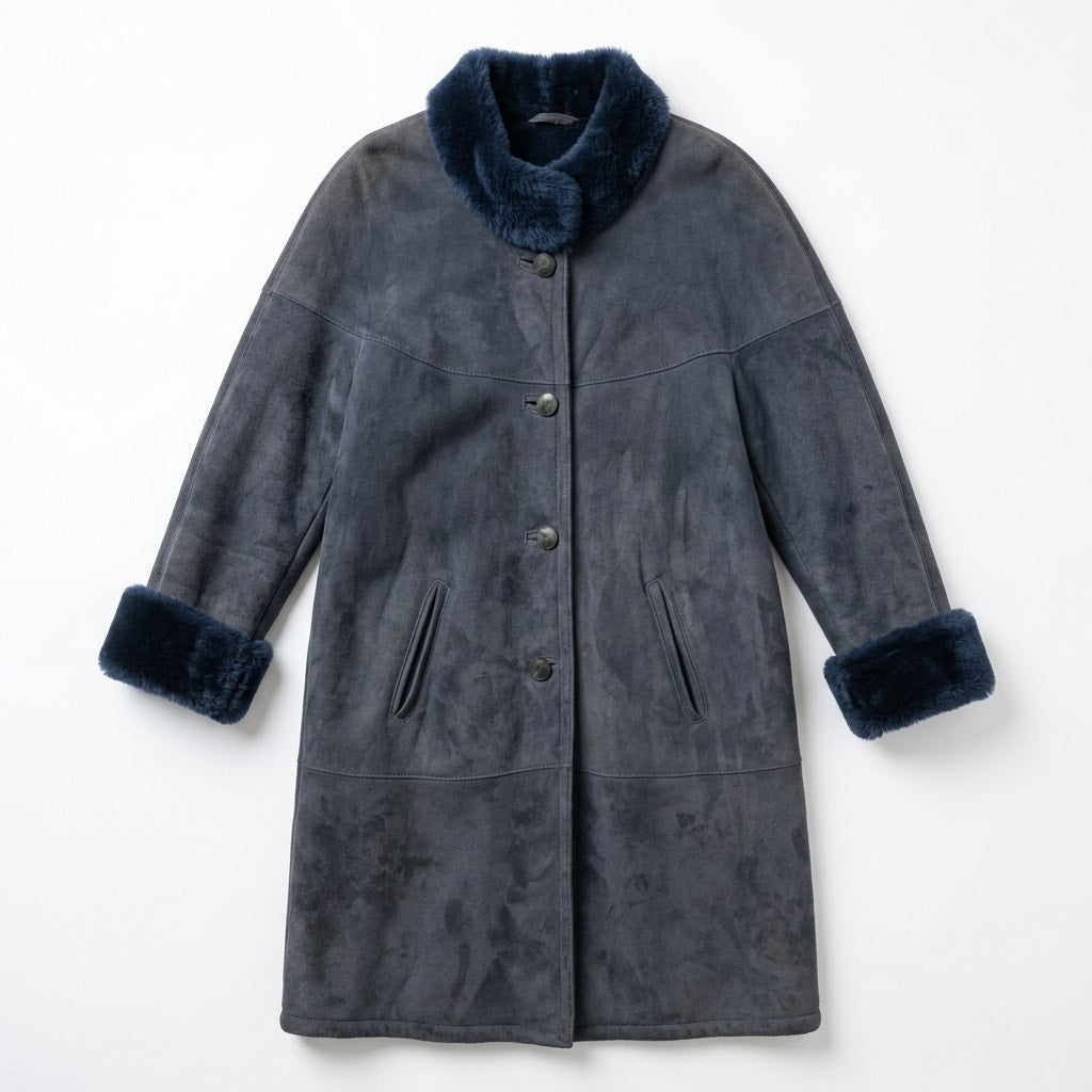 Vintage Sawyer of Napa 100% Shearling Suede Coat Navy Blue Sheepskin