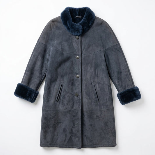 Vintage Sawyer of Napa 100% Shearling Suede Coat Navy Blue Sheepskin
