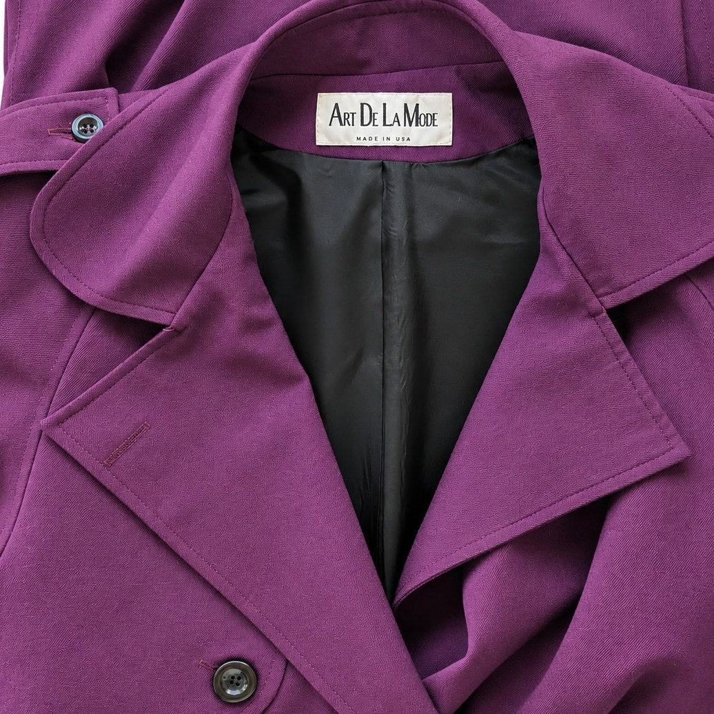 Vintage Art De La Mode Purple 100% Wool Trench Coat Belted Made in USA