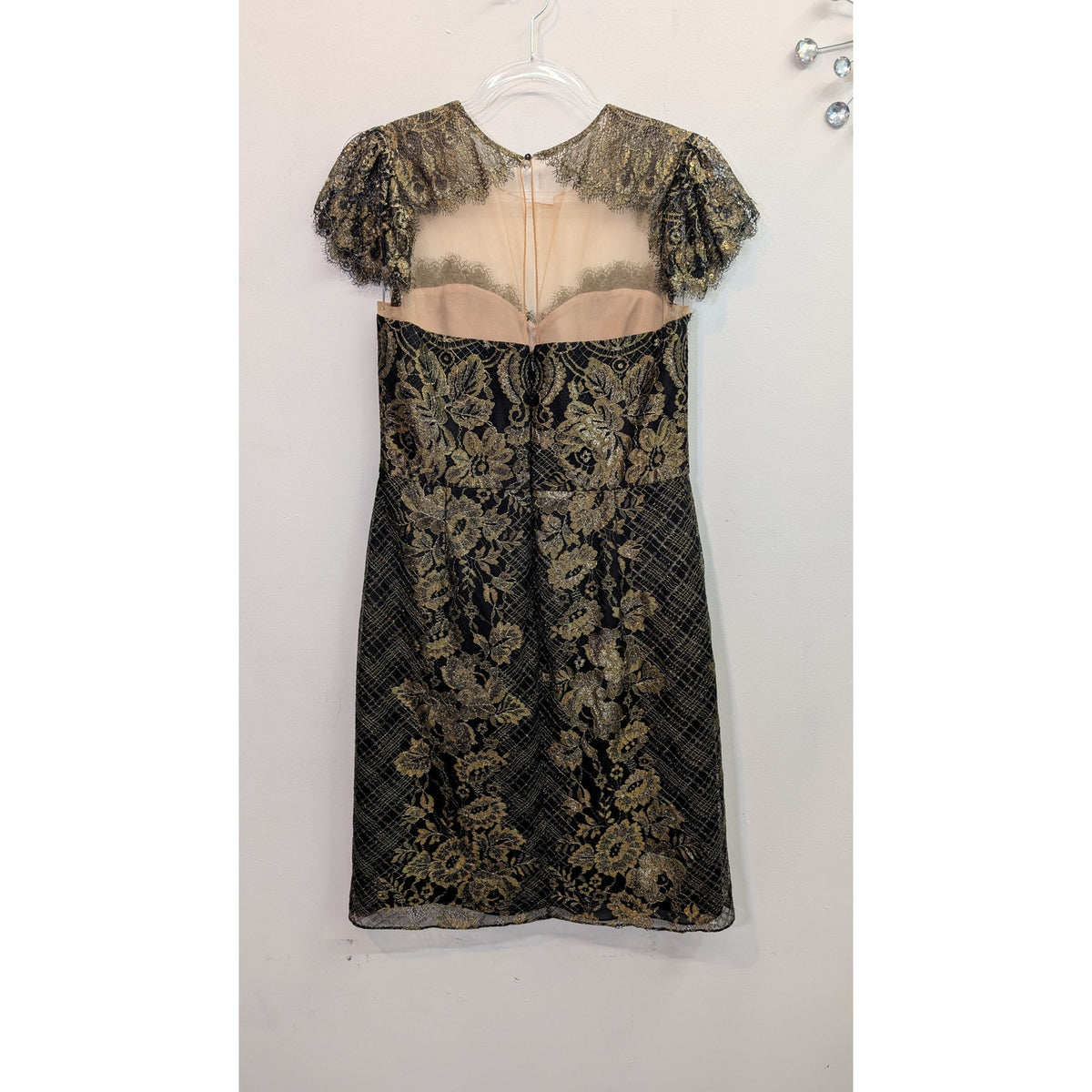Marchesa Notte Black Gold Lace Sheath Cocktail Dress