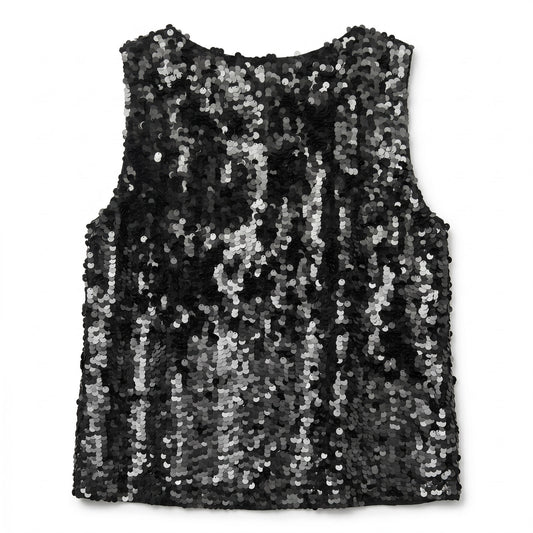 100% Silk Black Silver Paillette Sequin Sleeveless Top DKNY | L