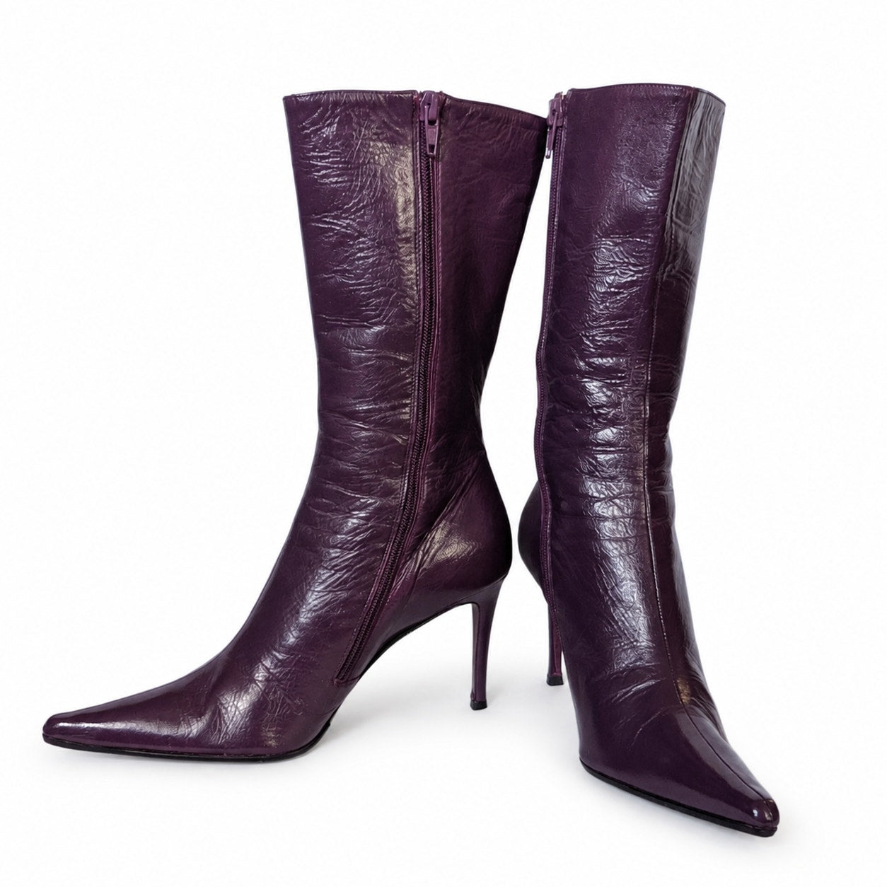 100% Genuine Leather Jill Stuart Italy Plum Purple Leather Knee High Boots Size 8 Pointed Toe Stiletto