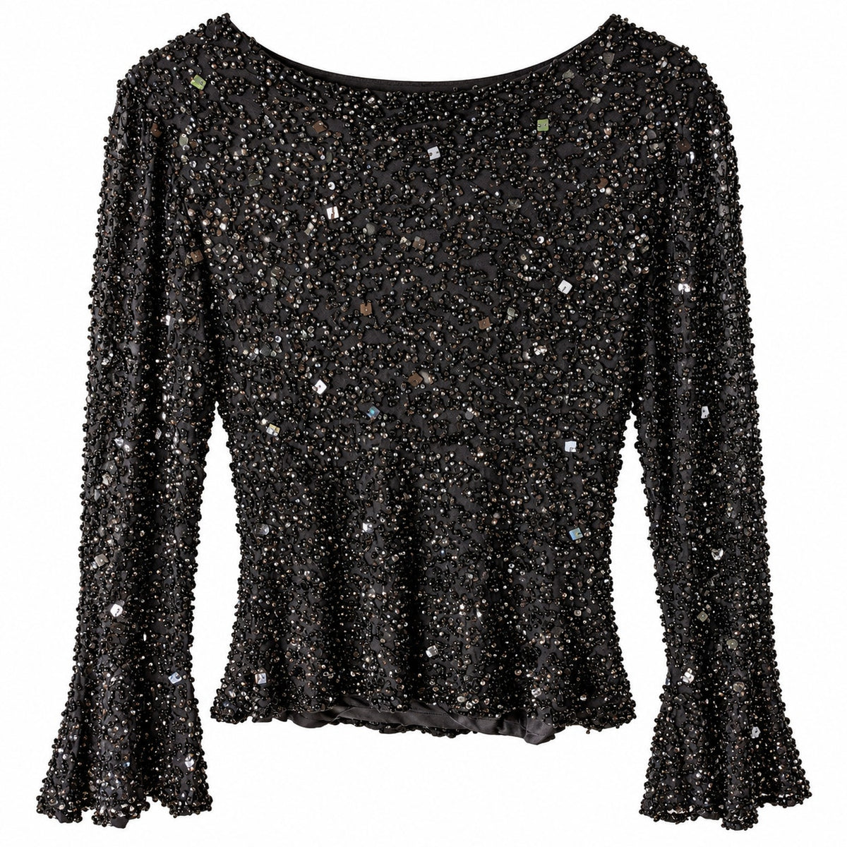 Marina Black Beaded Sequin Silk Top Cowl Neck Bell Sleeve Size L