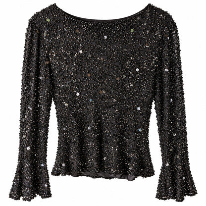Marina Black Beaded Sequin Silk Top Cowl Neck Bell Sleeve Size L