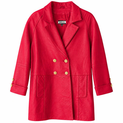 Tibor Red Genuine Leather Double Breasted Coat Gold Buttons Shoulder Pads S