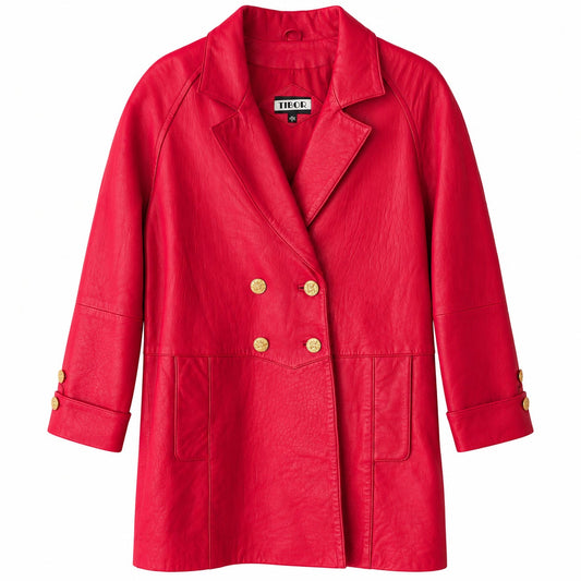 Tibor Red Genuine Leather Double Breasted Coat Gold Buttons Shoulder Pads S