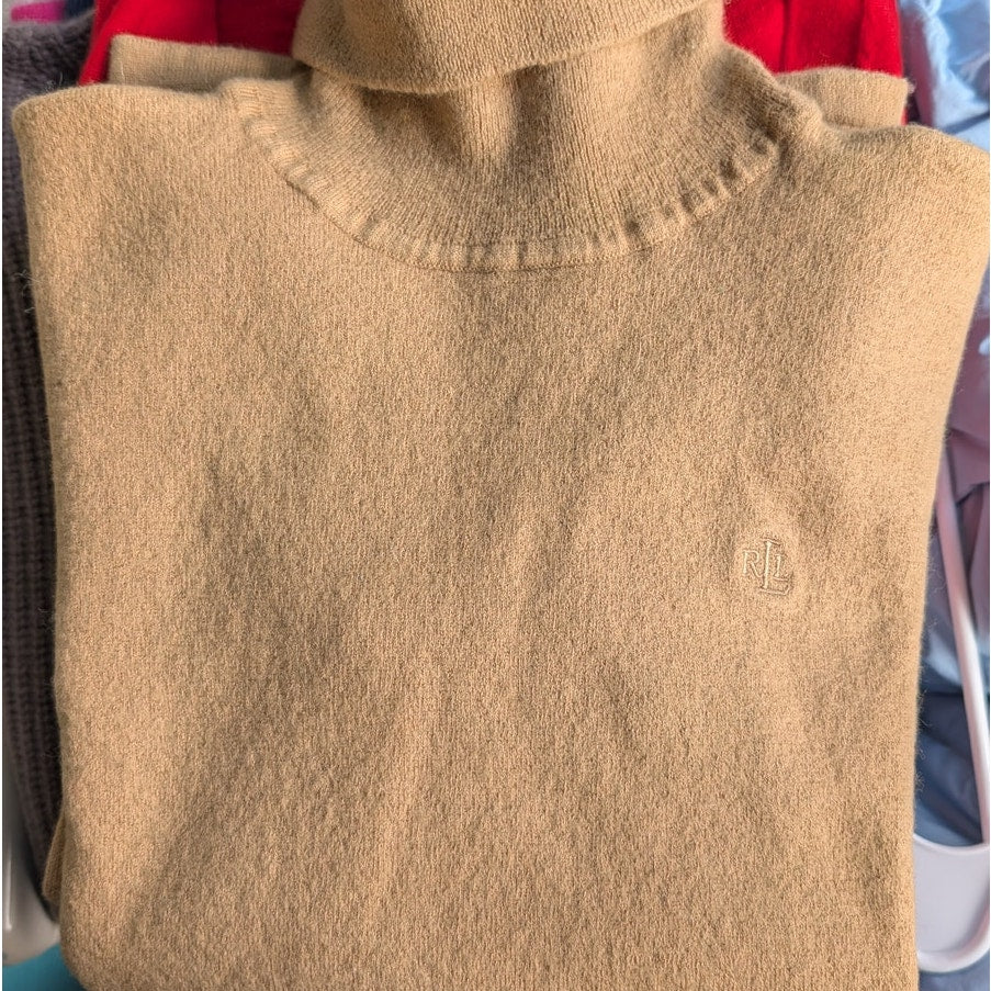 Lauren Ralph Lauren Camel 100% Wool Turtleneck Sweater, LRL Logo, Size XS
