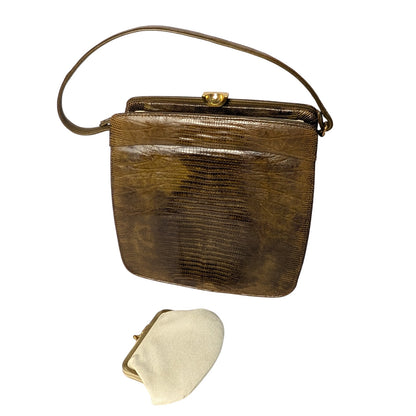 100% Genuine Lizard Skin Vintage Pallizio  Handbag Green Brown Leather Purse with Coin Purse