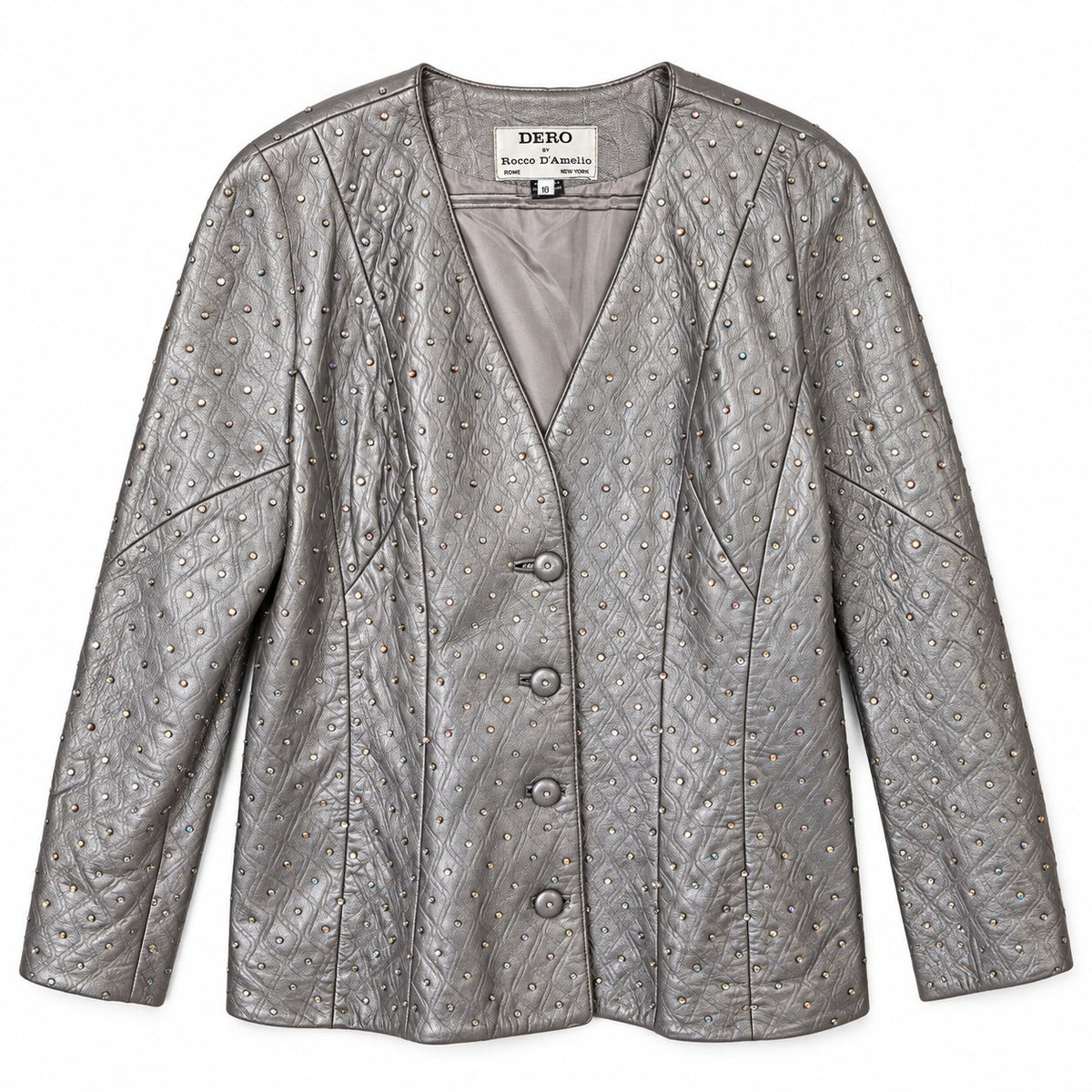 RARE DERO Rocco D'Amelio Silver Studded Leather Skirt Suit Quilted Jacket