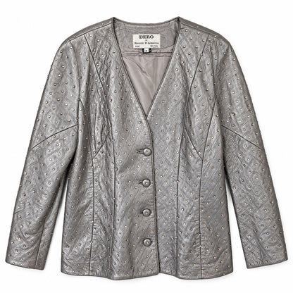 RARE DERO Rocco D'Amelio Silver Studded Leather Skirt Suit Quilted Jacket