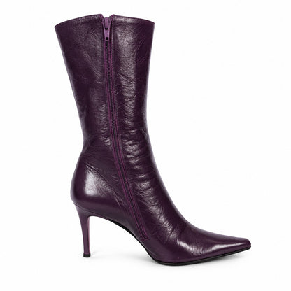 100% Genuine Leather Jill Stuart Italy Plum Purple Leather Knee High Boots Size 8 Pointed Toe Stiletto