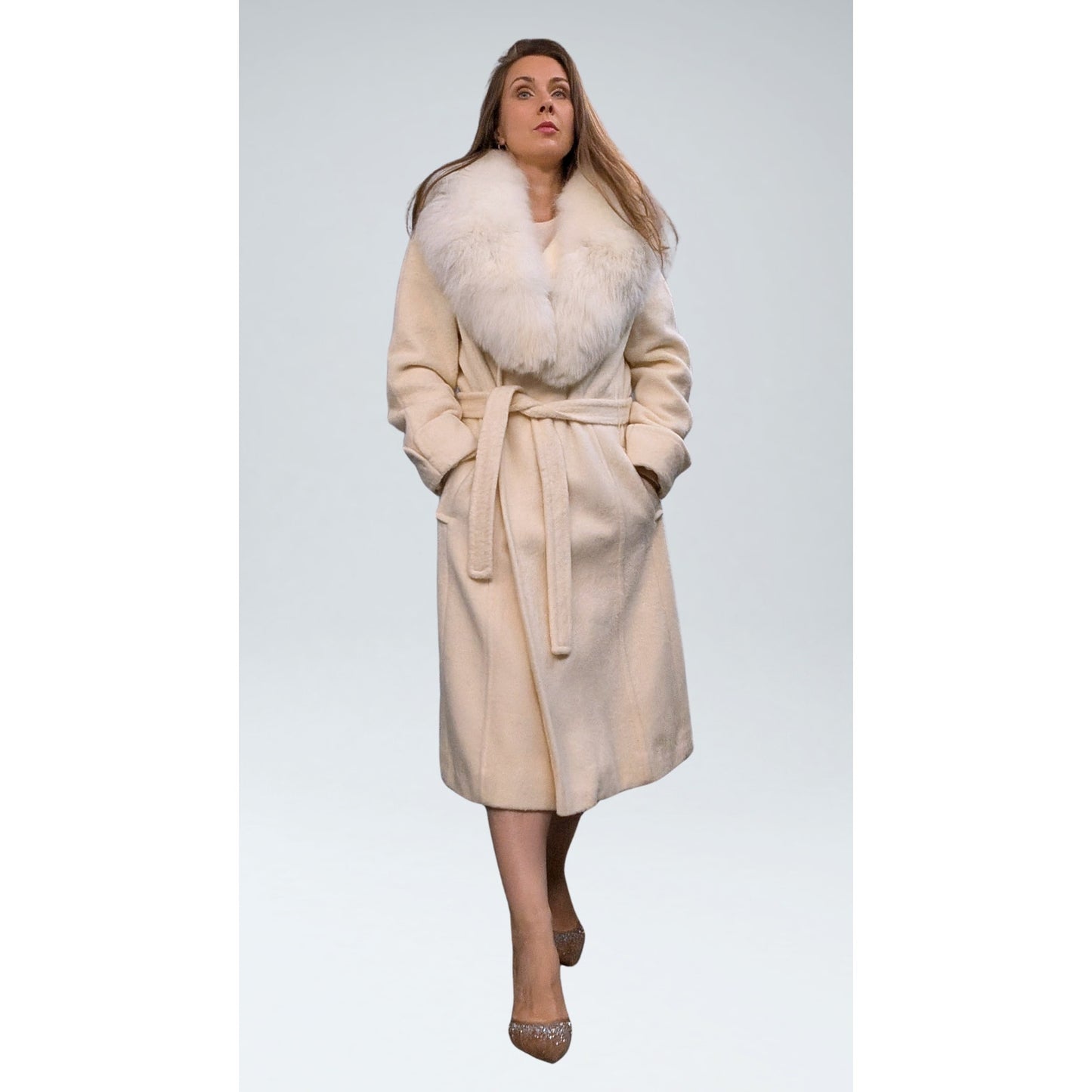 Vintage Windermere Cream Wool A-Line Coat with Detachable Fox Fur Collar