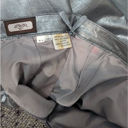 Vintage Silver Metallic Genuine Leather Pencil Skirt Back Slit Pleated XS