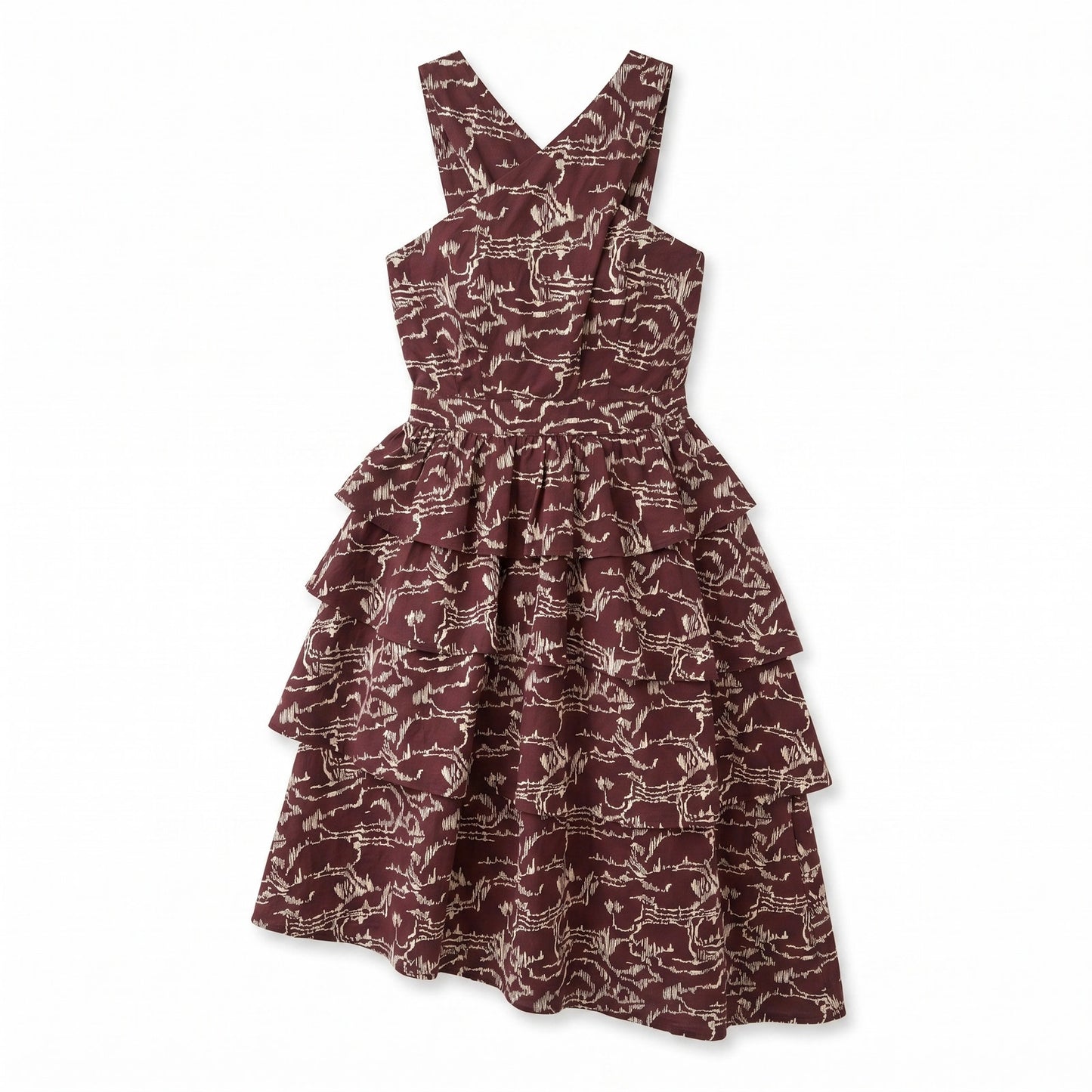 100% Cotton Cleobella Burgundy Abstract Print Halter Midi Dress | Tiered Ruffles
