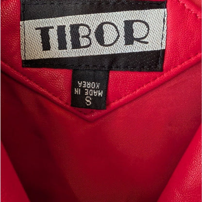 Tibor Red Genuine Leather Double Breasted Coat Gold Buttons Shoulder Pads S