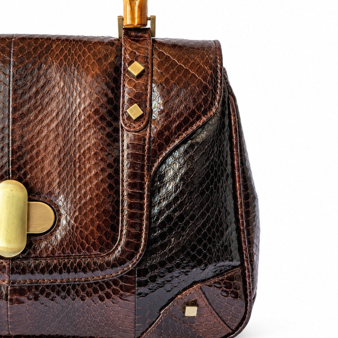 Vintage Genuine Snakeskin Handbag Brown Bamboo Handle Top Handle Bag