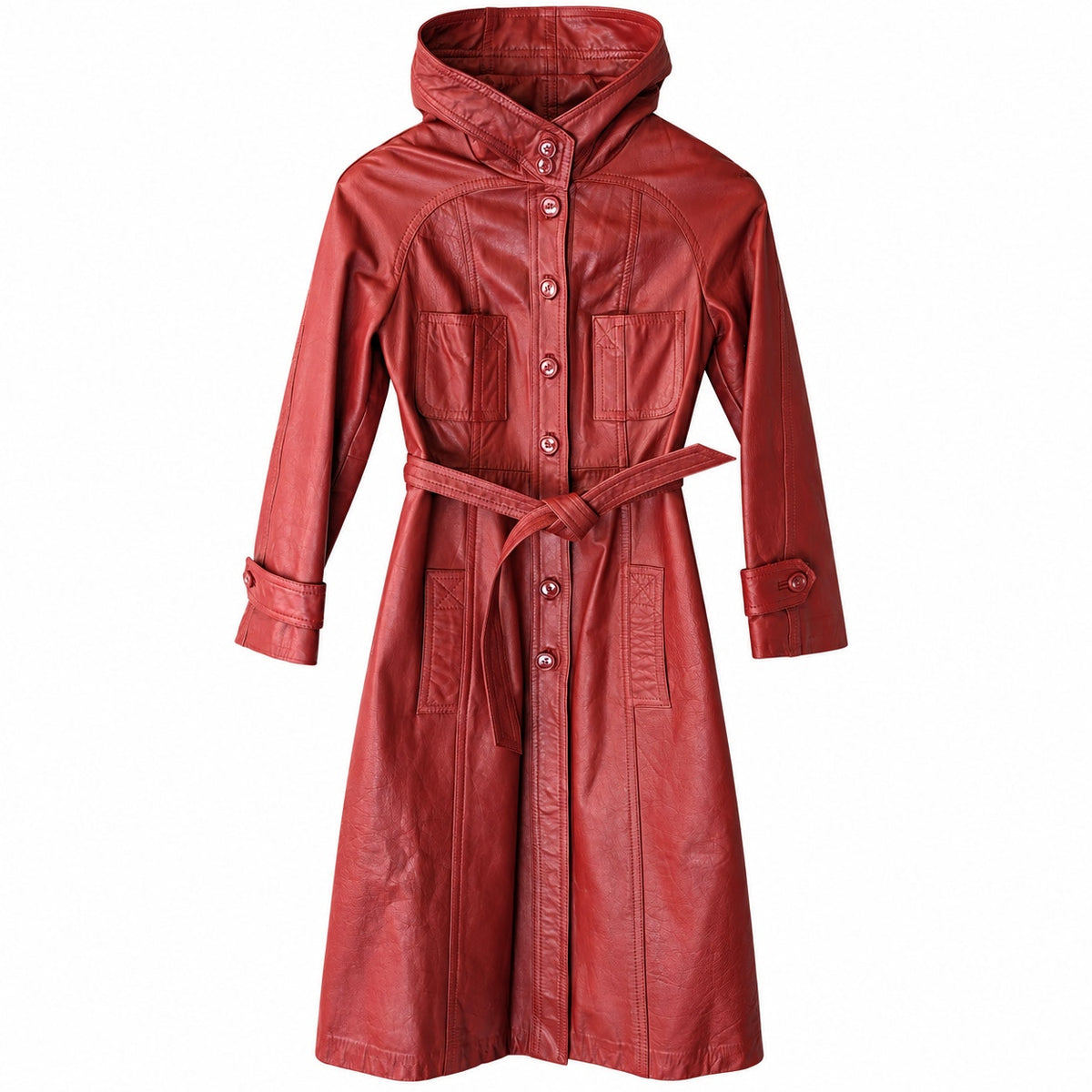 Vintage Red genuine Leather Hooded Belted Trench Coat Button Front Midi 70s