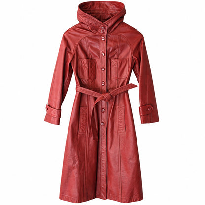 Vintage Red genuine Leather Hooded Belted Trench Coat Button Front Midi 70s