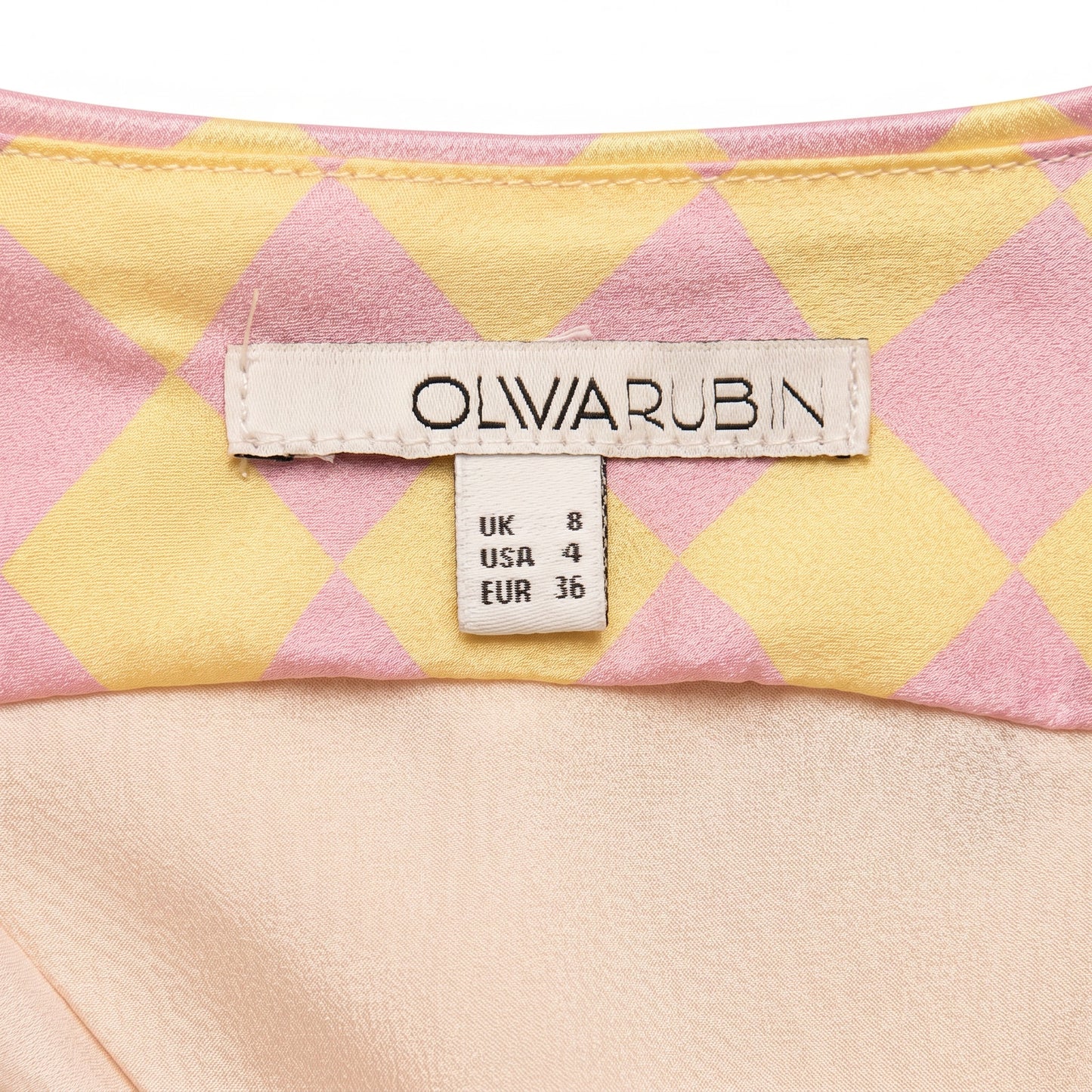 100% Silk Olivia Rubin Pink Yellow Harlequin Diamond  Slip Maxi | US 4 | Spaghetti Straps