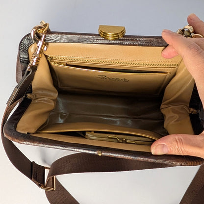 Vintage Palizzio Genuine Lizard Leather Convertible Clutch Shoulder Bag Auburn Brown