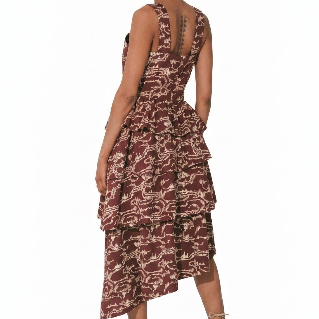 100% Cotton Cleobella Burgundy Abstract Print Halter Midi Dress | Tiered Ruffles
