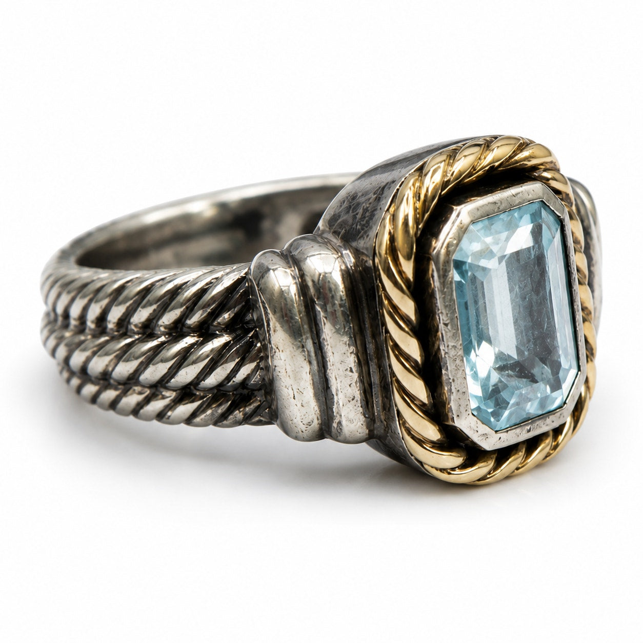 925 Sterling Silver 14K Gold Blue Topaz Cable Ring Size 8