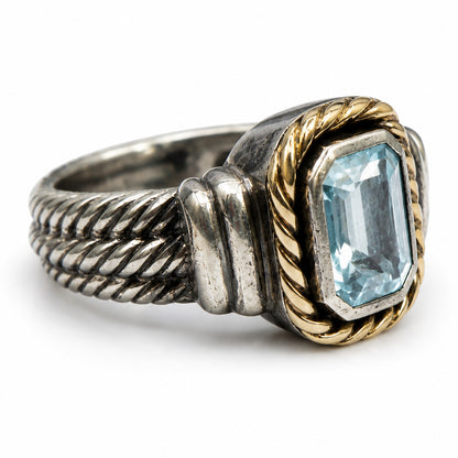 925 Sterling Silver 14K Gold Blue Topaz Cable Ring Size 8