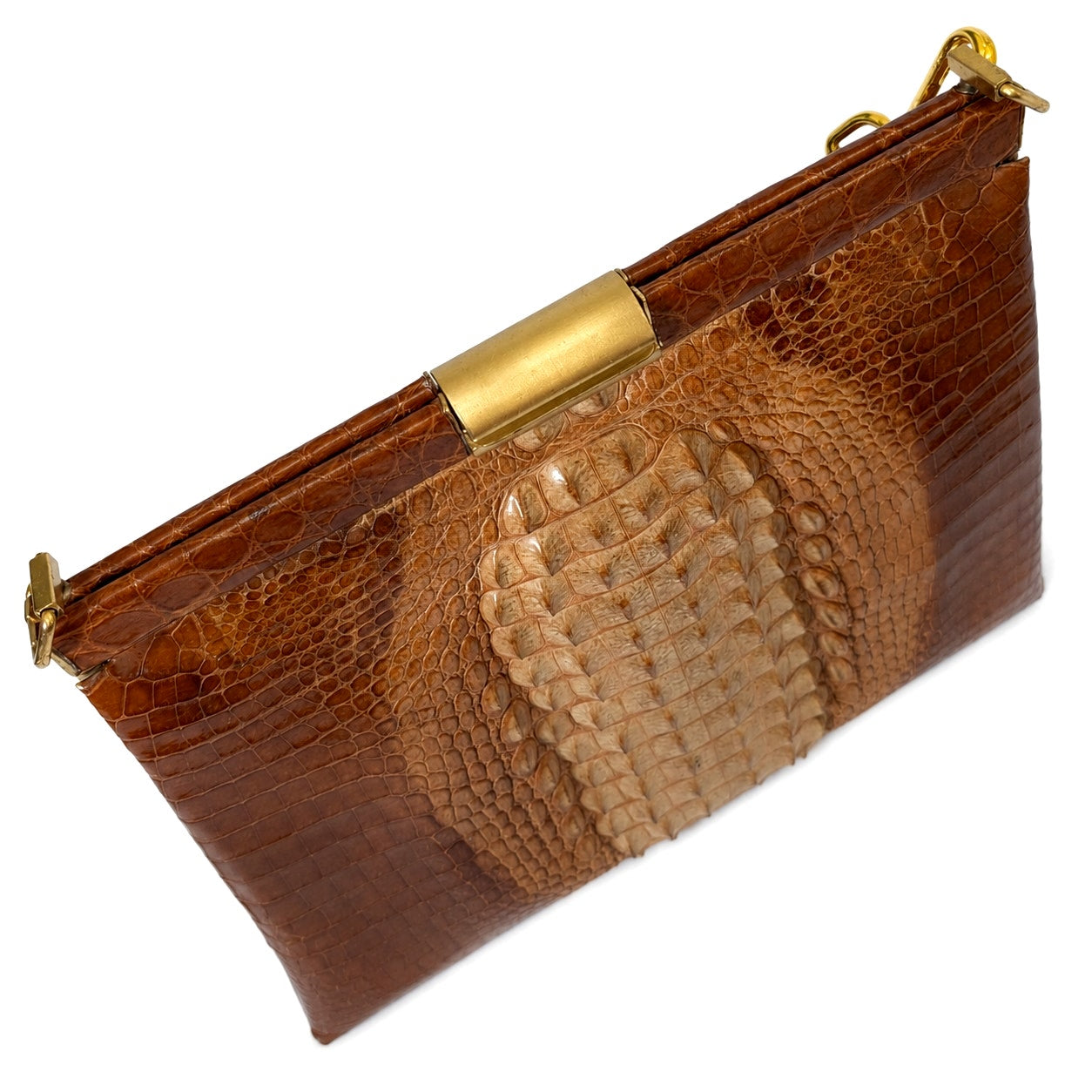 Vintage 100% Genuine Crocodile Skin Handbag Brown Suede Lined Gold Frame Shoulder Strap Mirror