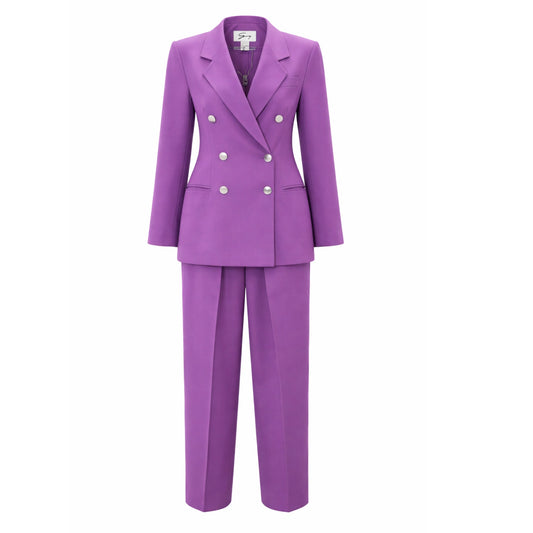 Purple Double Breasted 100% Italian Wool Pantsuit — Mother of Pearl Buttons
