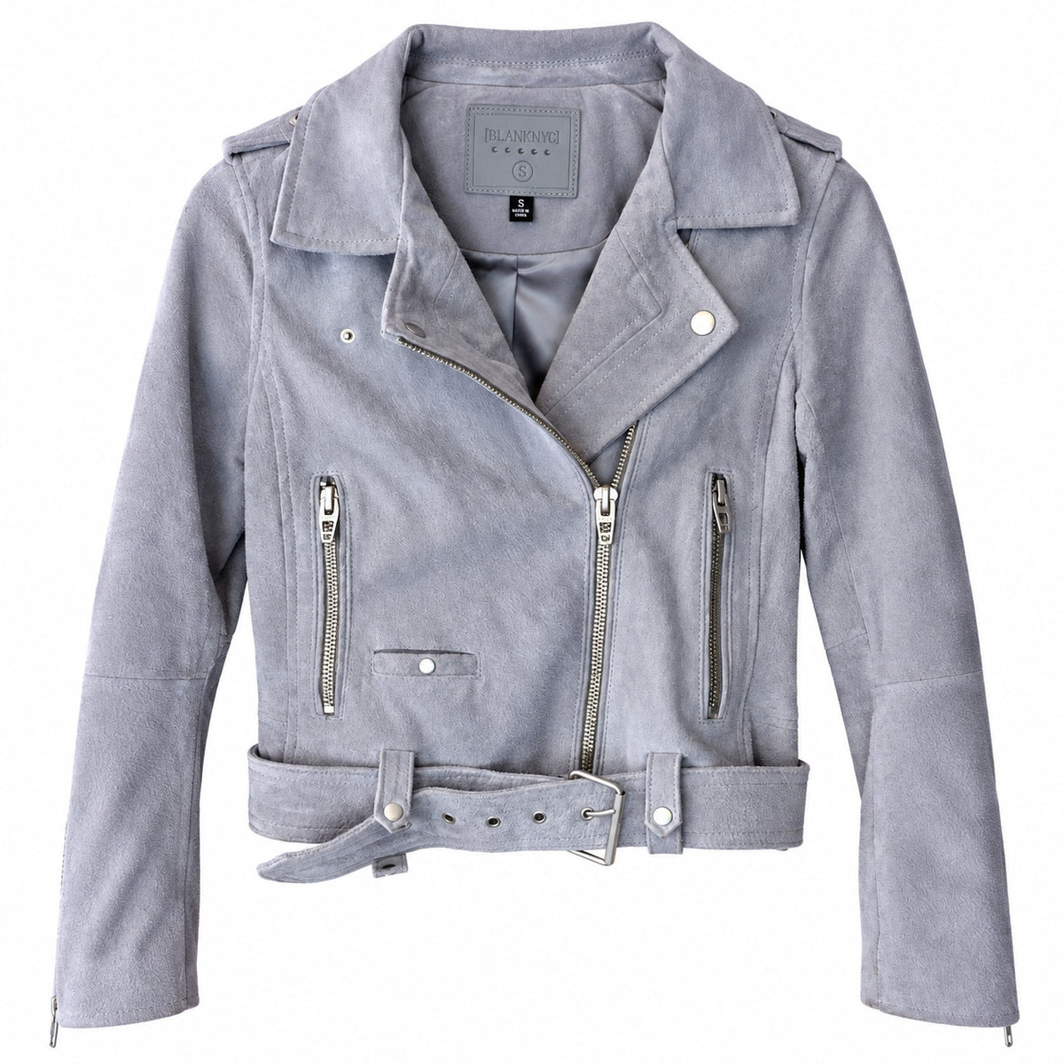 Blank NYC Suede Moto Jacket Light Gray Blue Belted Asymmetric Zip Size S