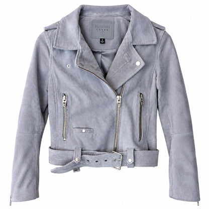 Blank NYC Suede Moto Jacket Light Gray Blue Belted Asymmetric Zip Size S