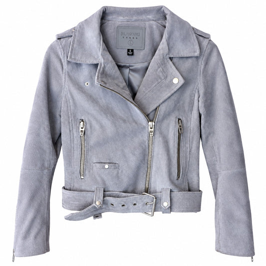 Blank NYC Suede Moto Jacket Light Gray Blue Belted Asymmetric Zip Size S