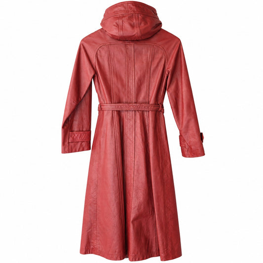 Vintage Red genuine Leather Hooded Belted Trench Coat Button Front Midi 70s