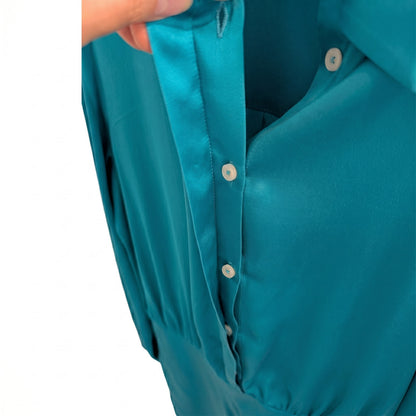 100% Silk Teal Satin Mini Shirt Dress Amanda Uprichard | Long Sleeve | S