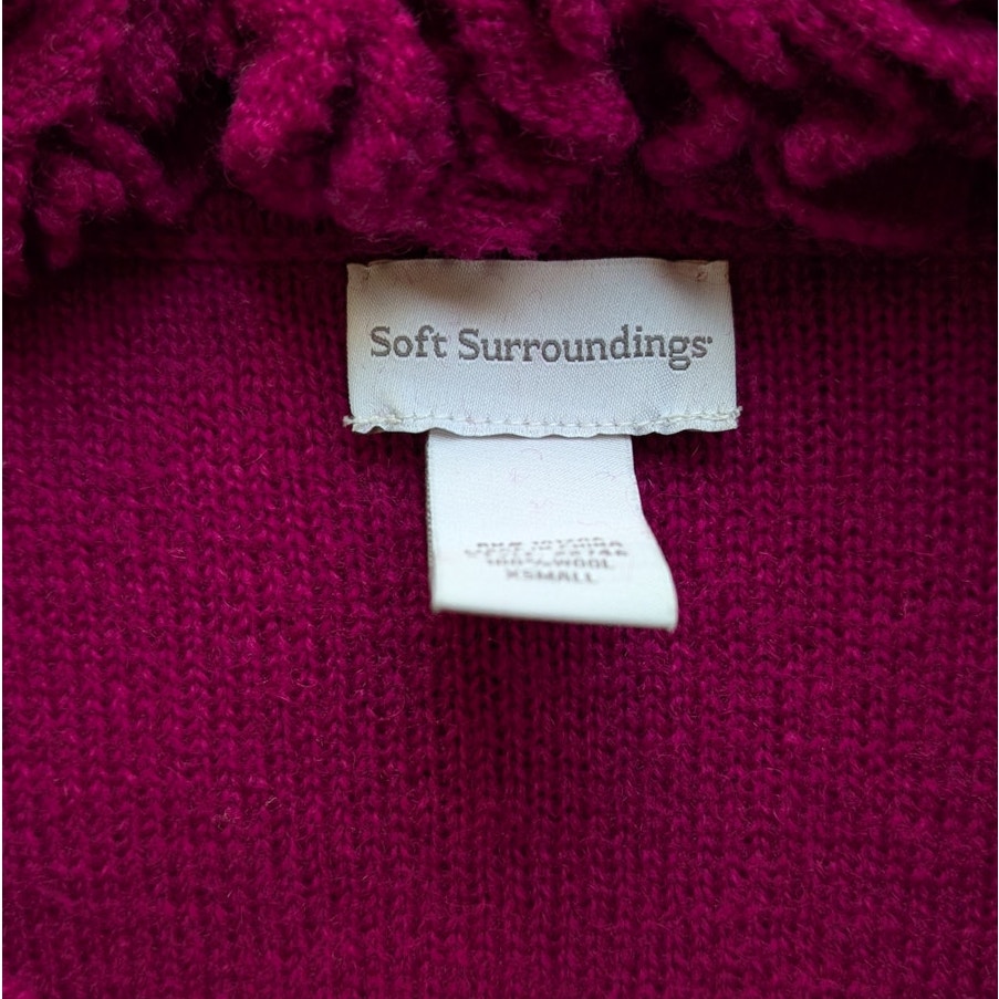 Soft Surroundings Plum Wool Cardigan with Ruffle Rosette Collar, Size XS