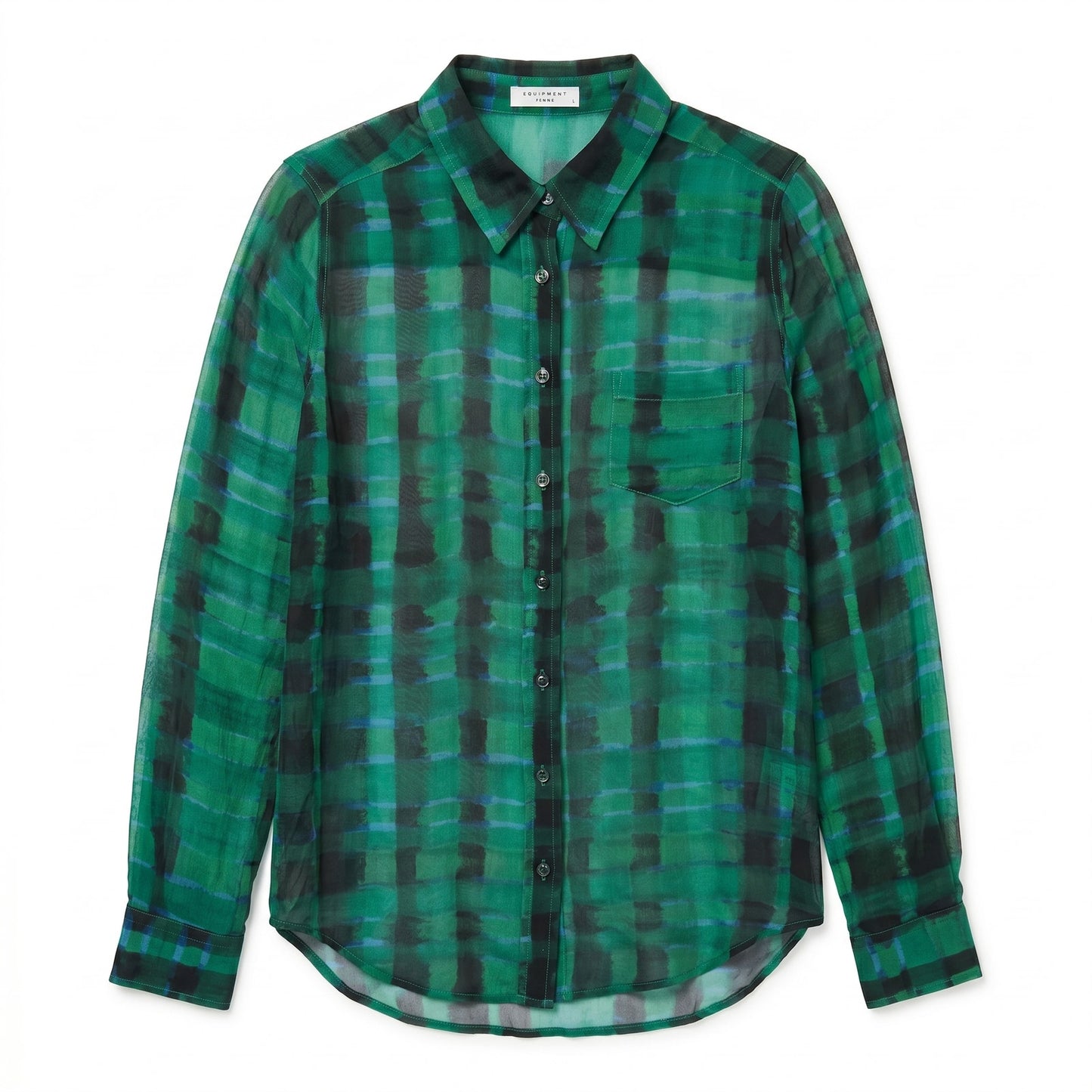 100% Silk Equipment Femme Sheer Green Blue Black Plaid Shirt | Size S