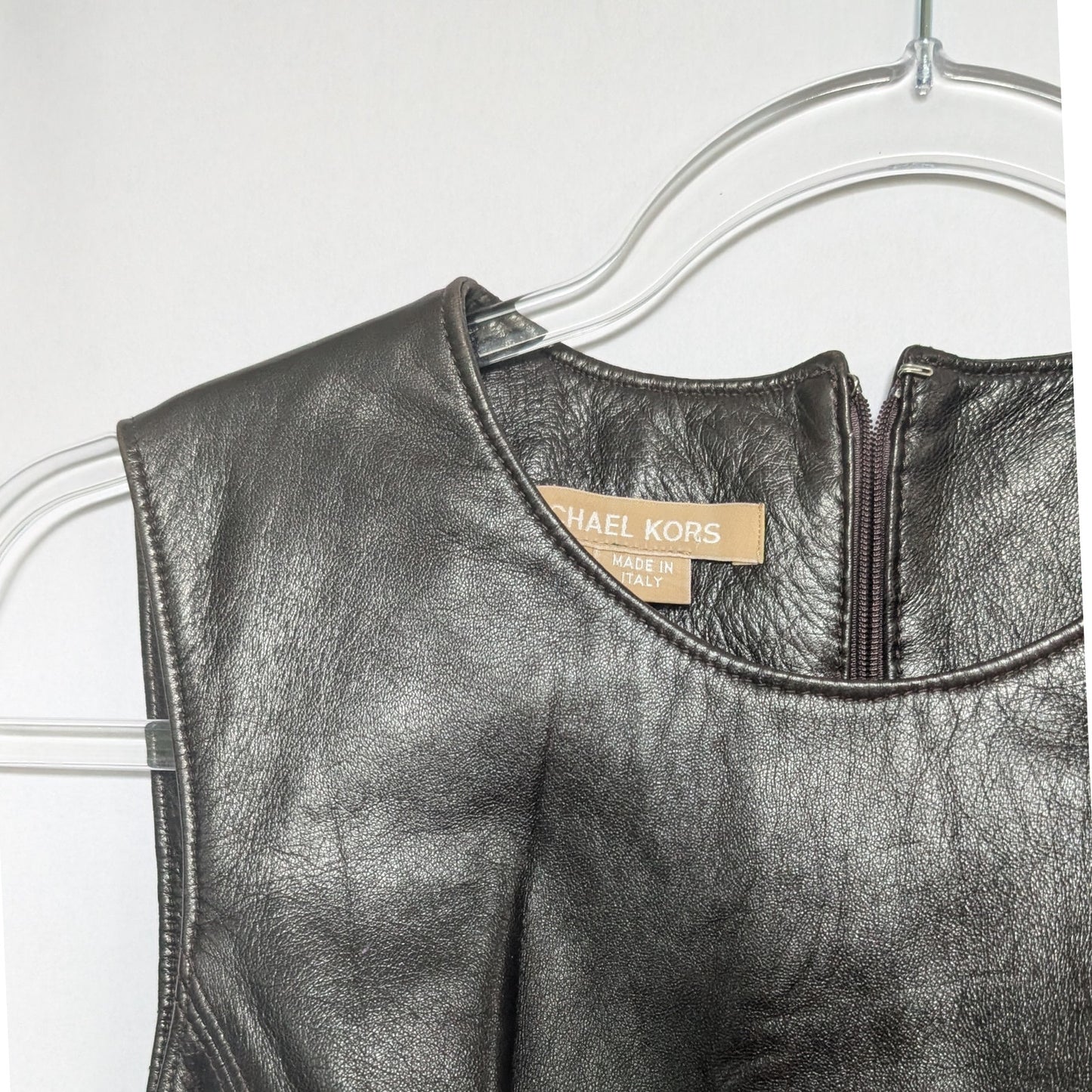 Michael Kors Chocolate Brown 100% Genuine Leather Midi Dress Gold Zips