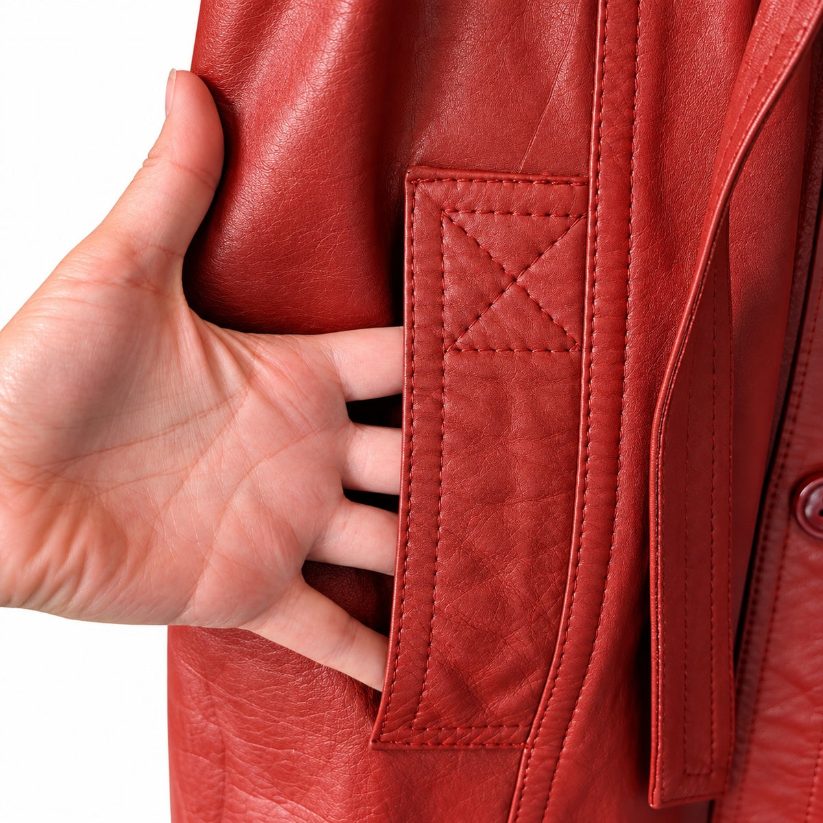 Vintage Red genuine Leather Hooded Belted Trench Coat Button Front Midi 70s