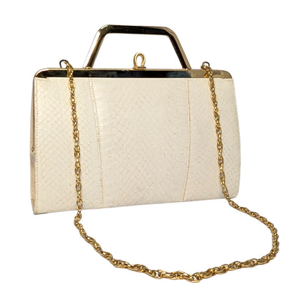 100% Genuine Snake Skin Vintage Clutch Made in England White Gold Leather Lined Evening Bag