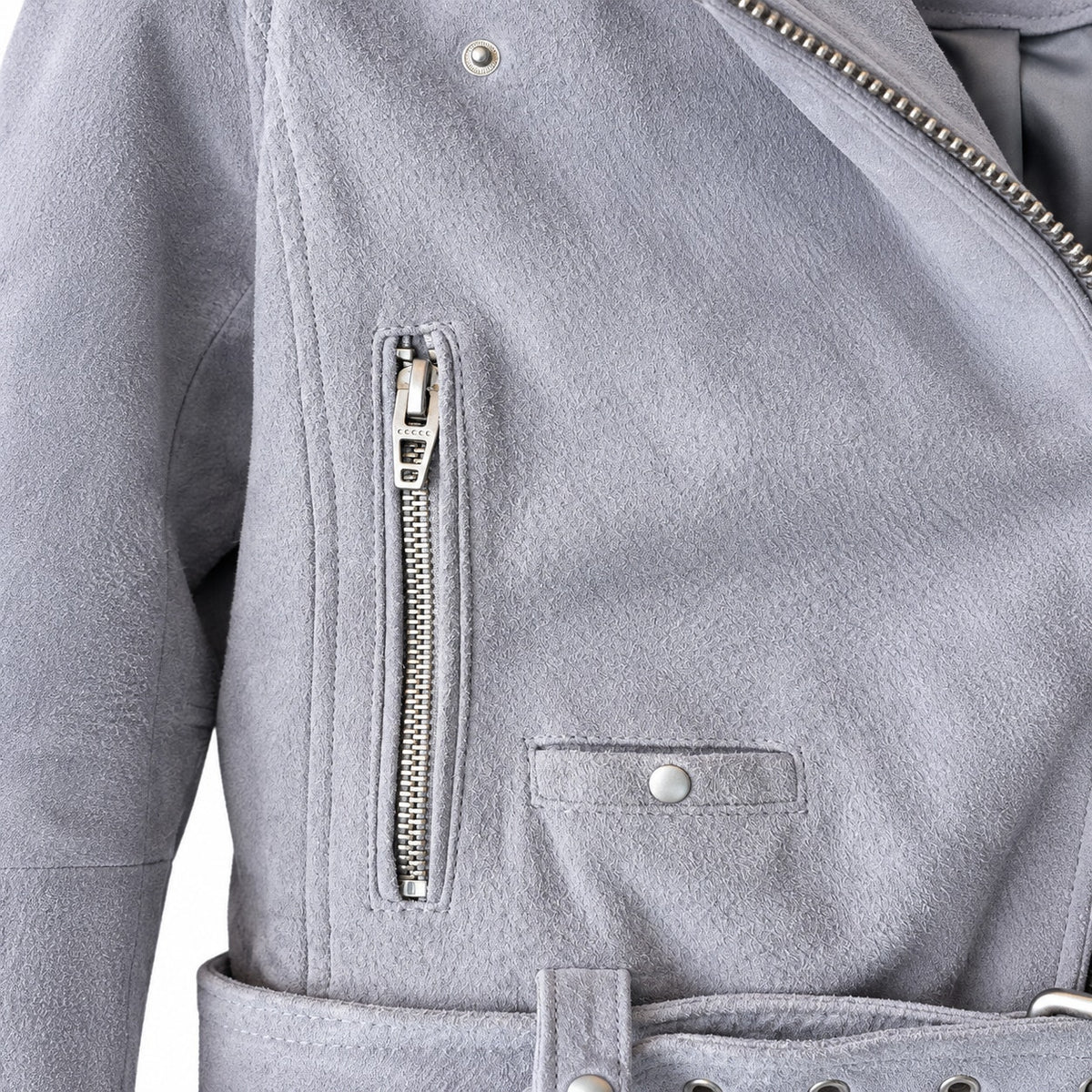 Blank NYC Suede Moto Jacket Light Gray Blue Belted Asymmetric Zip Size S