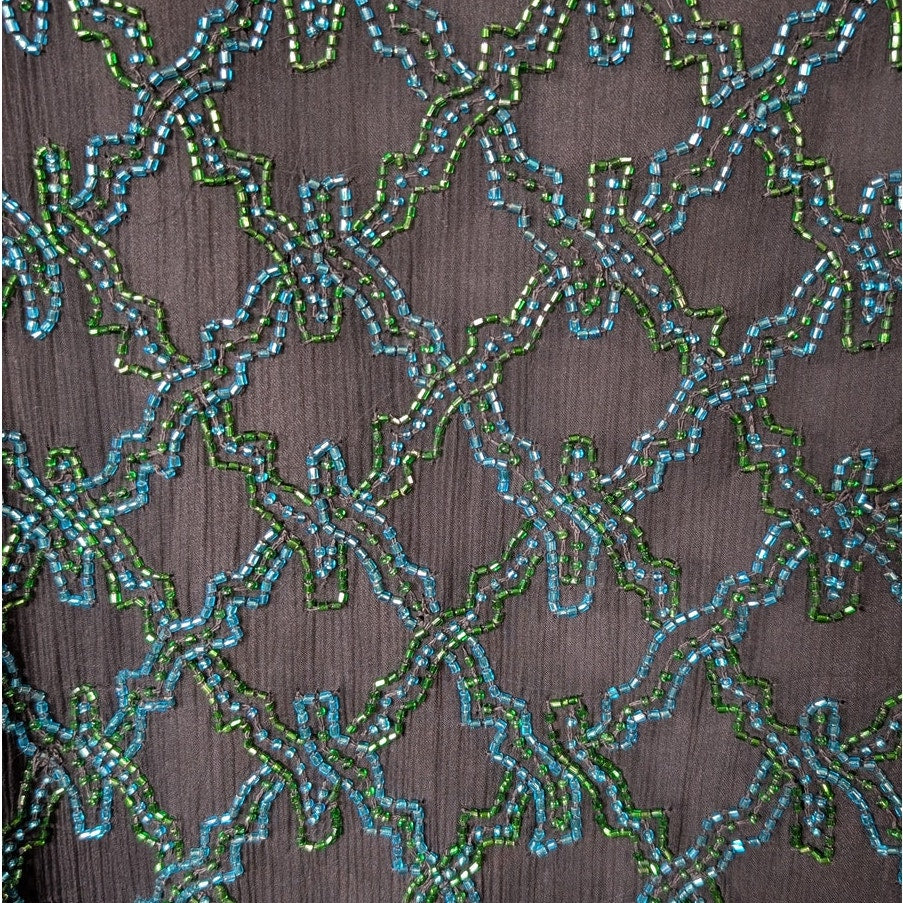 100% Silk Scala Beaded Evening Jacket Black Teal Green Seed Bead Geometric XL