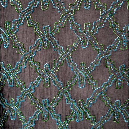 100% Silk Scala Beaded Evening Jacket Black Teal Green Seed Bead Geometric XL