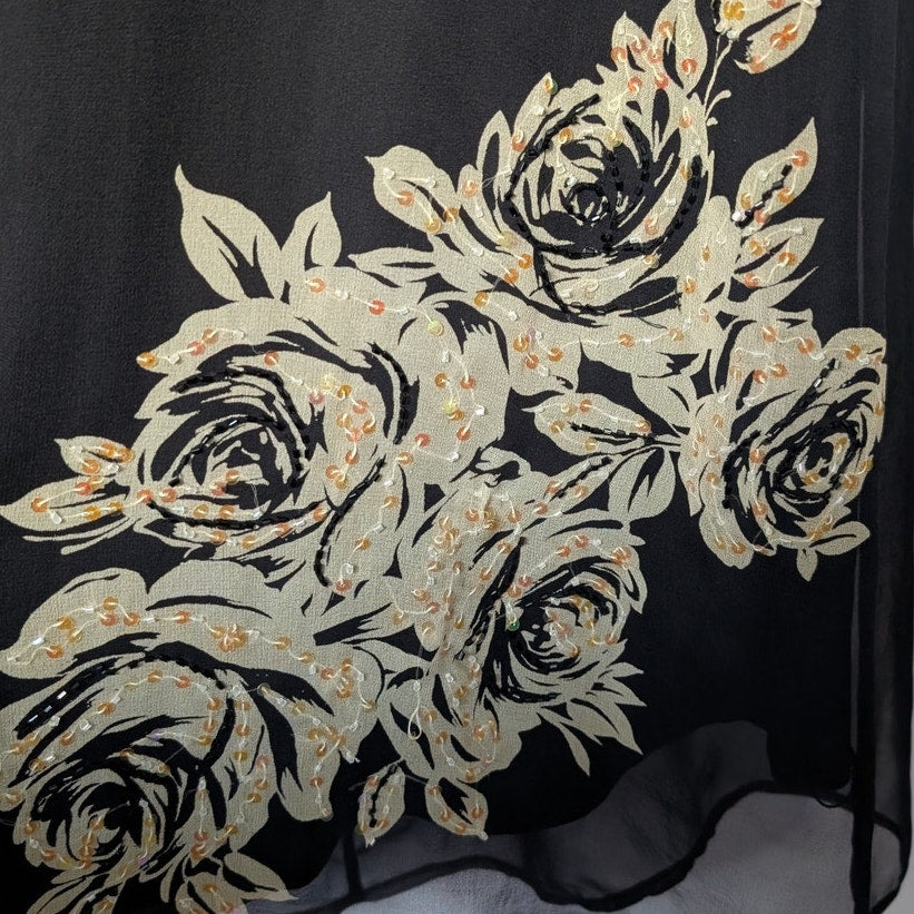 100% Silk Robbie Bee Black Maxi Dress | Gold Rose Embroidery | Size 14