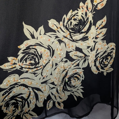 100% Silk Robbie Bee Black Maxi Dress | Gold Rose Embroidery | Size 14