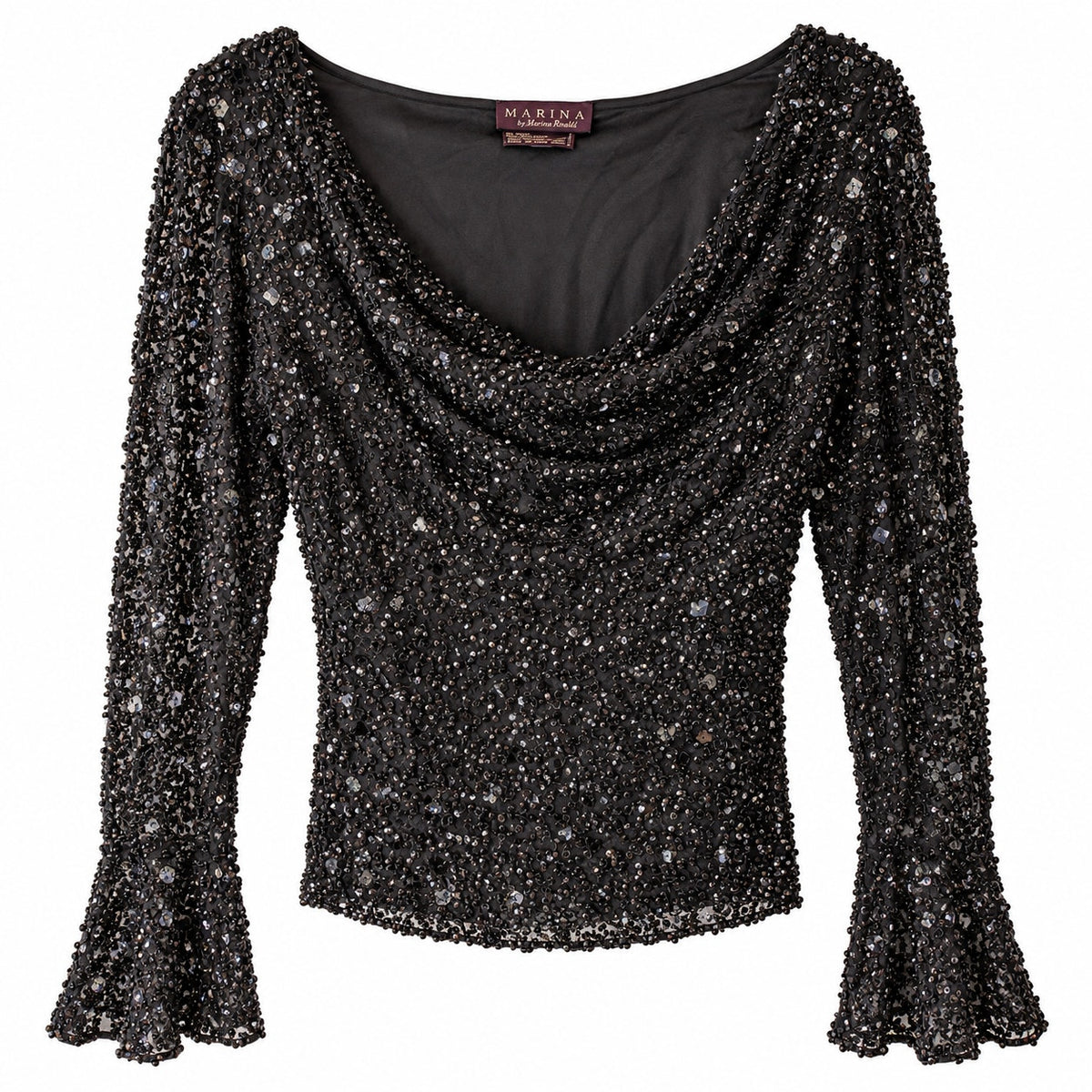 Marina Black Beaded Sequin Silk Top Cowl Neck Bell Sleeve Size L